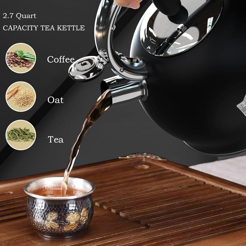 Tea Kettle, Stove Top Whistling Tea Kettles, 2.7 Quart Heavy Stainless Steel Black Tea Kettle with Cool Touch Handle