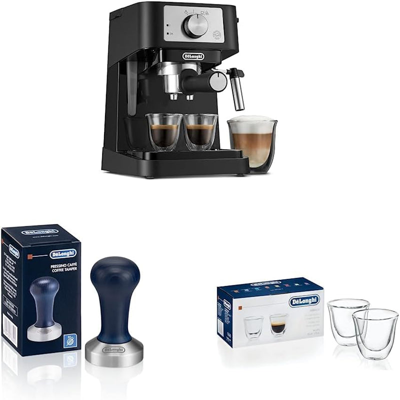 De'Longhi Stilosa Manual Espresso Machine, 13.5 x 8.07 x 11.22 inches & Stainless Steel Milk Frothing Pitcher, 12 ounce (350 ml), 12 oz & Double Walled Thermo Espresso Glasses, Set of 2