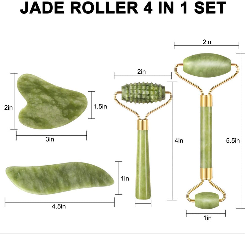 4-pcs Jade Roller & Gua Sha Set, Facial Roller Massager with Gua Sha Scraping Tool, Jade Stone Massager for Anti-aging, Slimming & Firming, Rejuvenate Face and Neck, Remove Wrinkles & Eye Puffiness