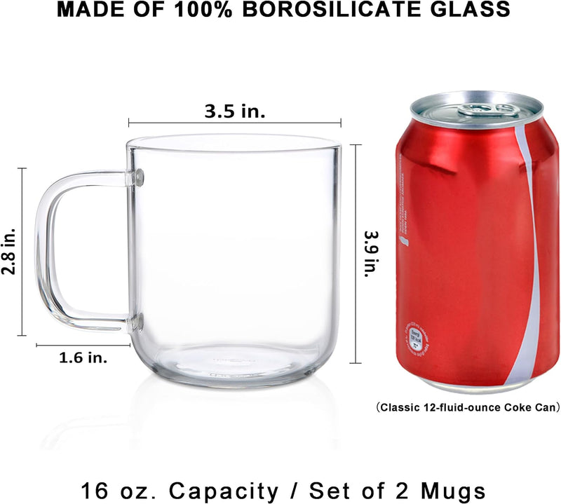 Aquach Glass Mugs 16 oz Set of 2, Large Clear Glass Cup with Handle for Hot/Cold Coffee Tea Beverage, Drinking Glasses