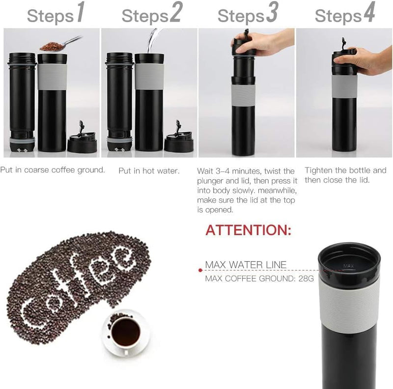 ALLOMN French Press Coffee Maker, Portable Travel Tea Coffee Press Mug, 12oz/350ml Coffee Pot Tea and Frothed Milk Press, Vacuum Insulated Coffee Presses for Home Indoor Outdoor Travel, Black