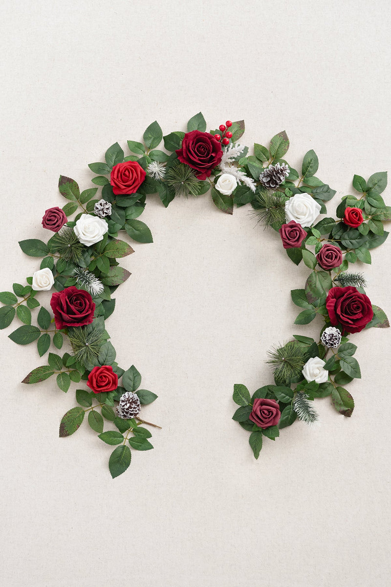 Christmas Red Rose Flower Garland with Sparkle - 5ft