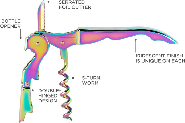 Blush Mirage Double Hinged Corkscrew, Cute Iridescent Wine Bottle Opener and Foil Cutter, Stainless Steel Bar Accessories, 4.75 Inches Long, Set of 1