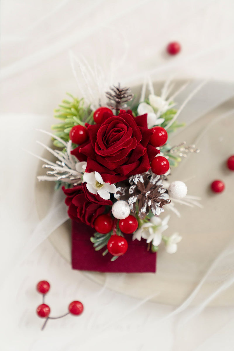 Christmas Red  Sparkle Pocket Square Boutonniere for Groom