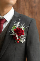 Pocket Square Boutonniere for Groom in Christmas Red & Sparkle