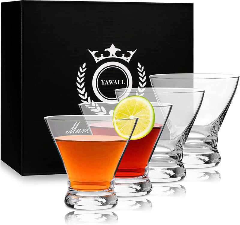 YAWALL Stemless Martini Glasses Set of 4-8.5 Oz Cocktail Glasses for Martini, Margarita & More, Lead-free Crystal Heavy Base Glassware Home Bar Use, Anniversary Party Gift
