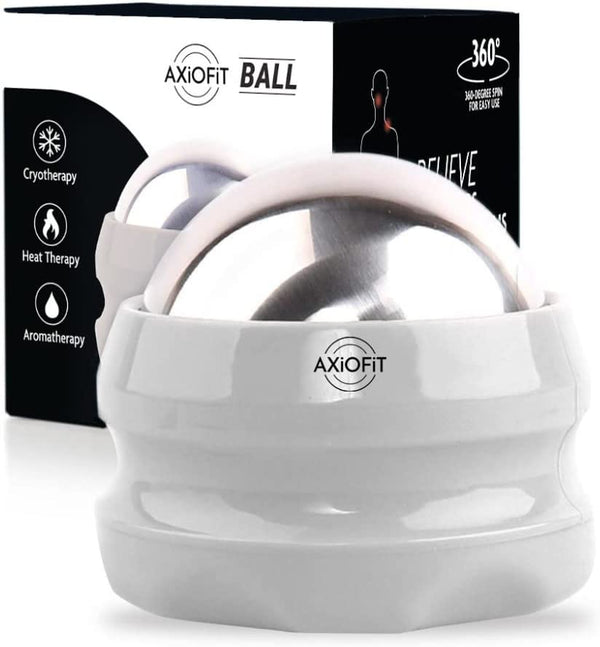 AXiOFiT Cryosphere Cold Massage Roller Ball for Neck Shoulder Back Knee Feet Handheld Stainless Steel Deep Tissue Ice Manual Massager Therapy Ball for Muscle Soreness & Joint Pain - White