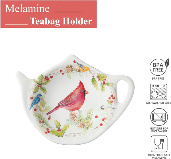 Supreme Housewares Tea Bag Holder Set of 4, Teapot Shaped Tea Bag Coasters Spoon Rests Saucer Seasoning Dish Set TeaBag Holder (Winter Birds)