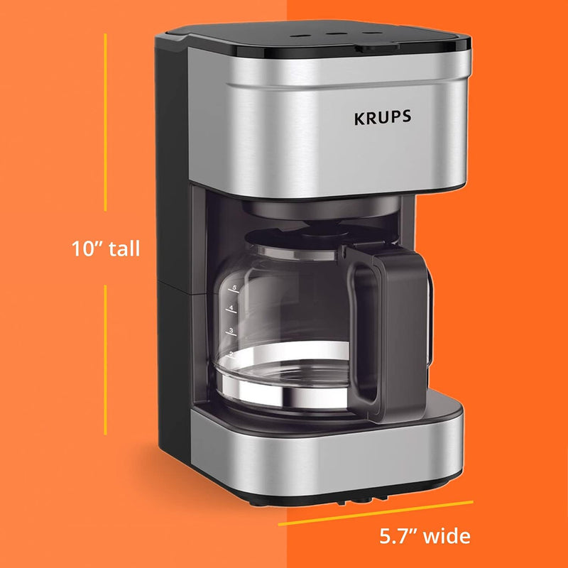 Krups Simply Brew Stainless Steel Drip Coffee Maker 5 Cup, Keep Warm Function, Reusable coffee filter, Ultra Compact 650 Watts Coffee Filter, Drip Free, Dishwasher Safe Pot, Silver and Black