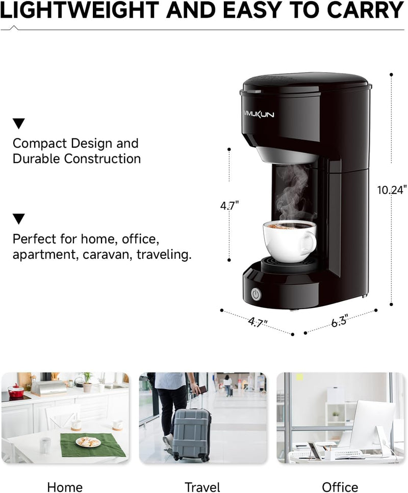 Vimukun Single Serve Coffee Maker, Instant Coffee Maker One Cup Compatible with K-Cup Pods & Ground Coffee, Single Cup Coffee Machine with 6 to 14oz Reservoir, Auto Shut-off, Small Size(Black)