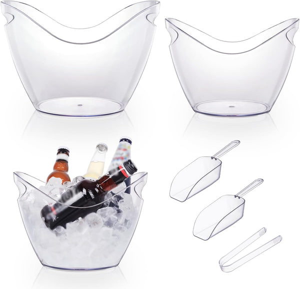 3Pcs Ice Buckets for Parties, 8 L 4 L Wine Bucket, Clear Acrylic Champagne Bucket with Tong and Ice Scoop, Beverage Tub for Cocktail Bar, Drinks, Wine, Beer Bottles