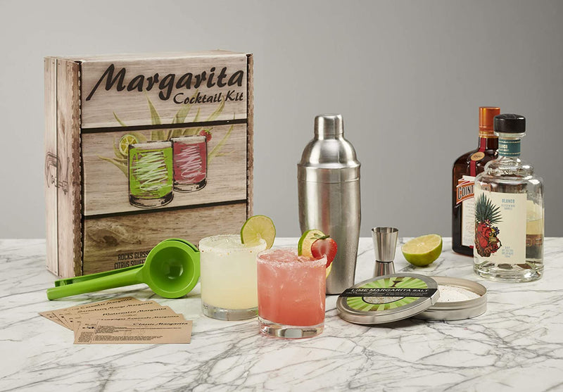 Margarita Cocktail Kit - Set of Rocks Glasses | Stainless Cocktail Shaker & Jigger | Citrus Squeezer | Rokz Lime Infused Margarita Salt | Recipe Cards. The Perfect Margarita Kit Gift Set!