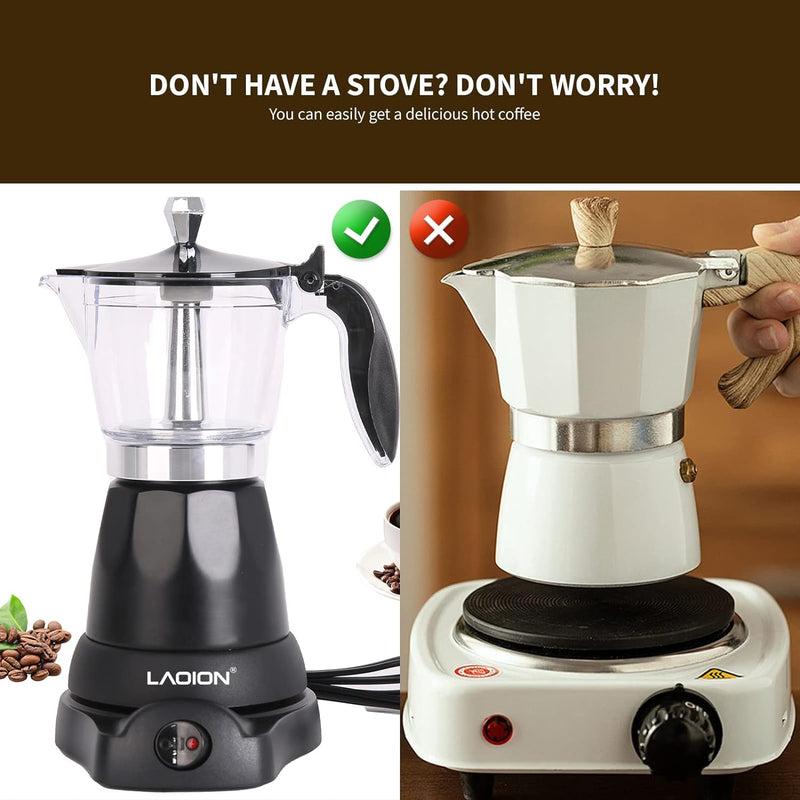 LAOION Cuban Coffee Maker, 6 Cup Electric Espresso Coffee Maker, 300ml Portable Cafeteras Electricas Modernas, Electric Moka Pot with Detachable Base & Overheat Protection, Espresso Machines for Home