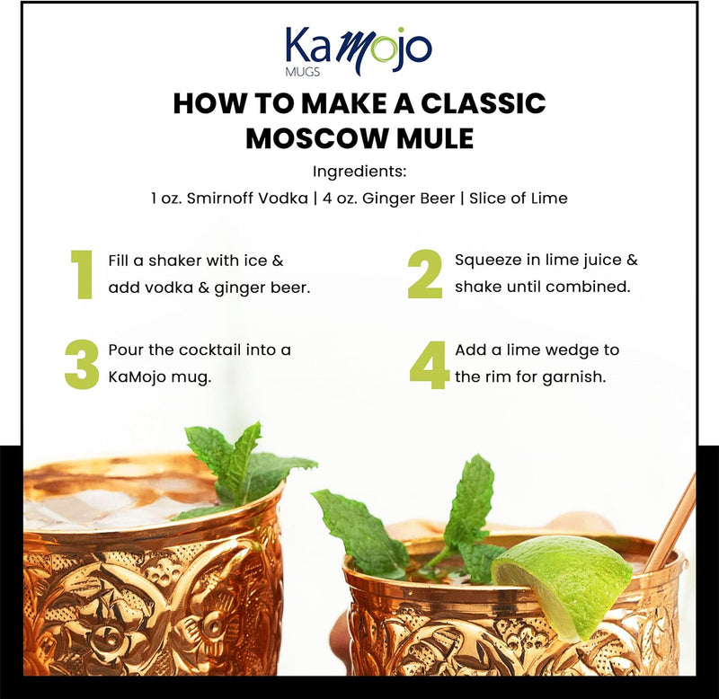 Kamojo Moscow Mule Cups Set of 4 - Premium Moscow Mule Copper Mugs with Unique Embossed Design & Anti-Tarnish, Food-Grade Coating - Copper Cups Gift Set with 4 Copper Straws & Recipe E-Book, 16 oz