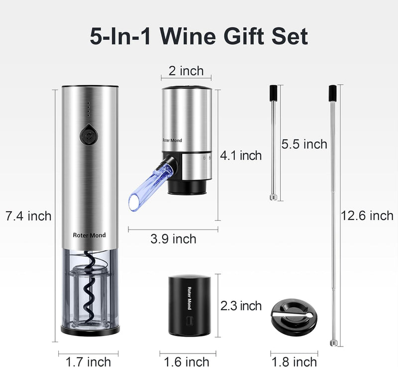 Electric Wine Opener Set, Roter Mond Automatic Wine Bottle Opener set with Electric Wine Decanter Aerator Wine Foil Cutter 2 Vacuum Stoppers, 5-in-1 Wine Gift for Home Party Thanksgiving Christmas