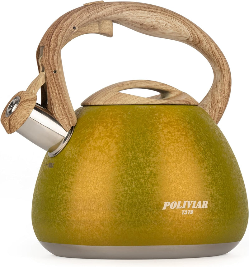 POLIVIAR Tea Kettle, 2.7 Quart Natural Stone Finish with Wood Pattern Handle Loud Whistle Food Grade Stainless Steel Teapot, Anti-Hot Handle and Anti-Rust, Suitable for All Heat Sources (JX2018-GR20)