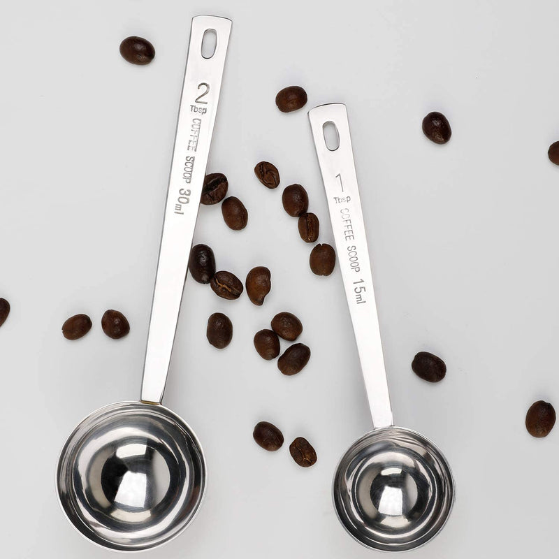 Coffee Scoop Stainless Steel 1 Tablespoon and 2 Tablespoon Long Handled Measuring Spoons for Coffee Sugar Tea Flour (Coffee Scoop)