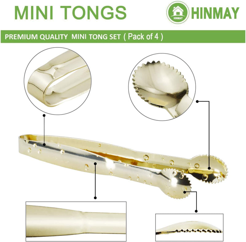 HINMAY Mini Appetizer Tongs 5-3/4 Inch Small Serving Tongs, Set of 4 (Gold)