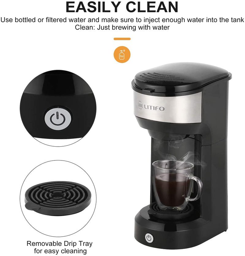 LITIFO Single Serve Coffee Maker for Ground coffee, Tea & K Cup Pod, 2-In-1 Small Coffee Machine with 6 to 14oz Reservoir, One-Button Fast Brew, Auto Shut-off & Self Cleaning Function (Black)