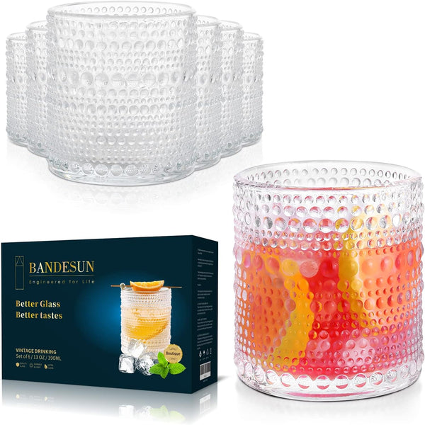 Bandesun Romantic Water Glasses, 12 oz Hobnail Drinking Glasses Set 6, Embossed Vintage Glassware Set for Beer, Cocktail, Soda, Beverage clear