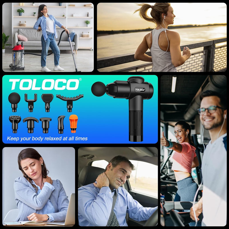 TOLOCO Massage Gun Deep Tissue, Back Massage Gun for Athletes for Pain Relief, Percussion Massager with 10 Massages Heads & Silent Brushless Motor, Valentines Day Gifts for Him/Her, Black