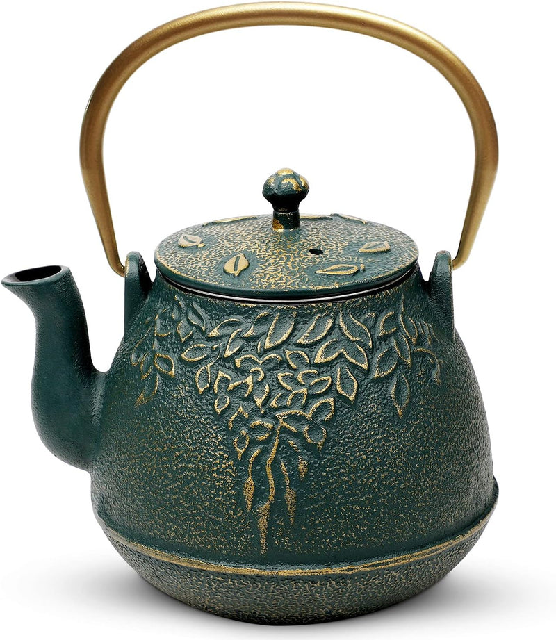 TOPTIER Japanese Teapot with Stainless Steel Infuser, Cast Iron Tea Kettle Stovetop Safe, Leaf Design Coated with Enameled Interior for 32 Ounce (950 ml), Light Green