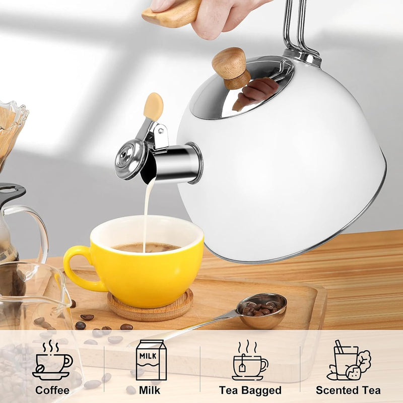 Tea Kettle, Beyoung 2.5 Liter Whistling Tea Kettle, Tea Pots for Stove Top Food Grade Stainless Steel with Wood Pattern Handle, Universal Base Suitable for Tea, Coffee, Milk