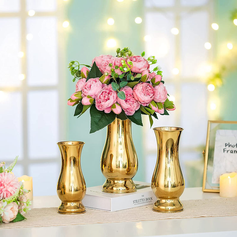 Set of 3 Gold Wedding Centerpieces for Tables - Flower Vase Trumpet Vase and Artificial Flower Arrangements
