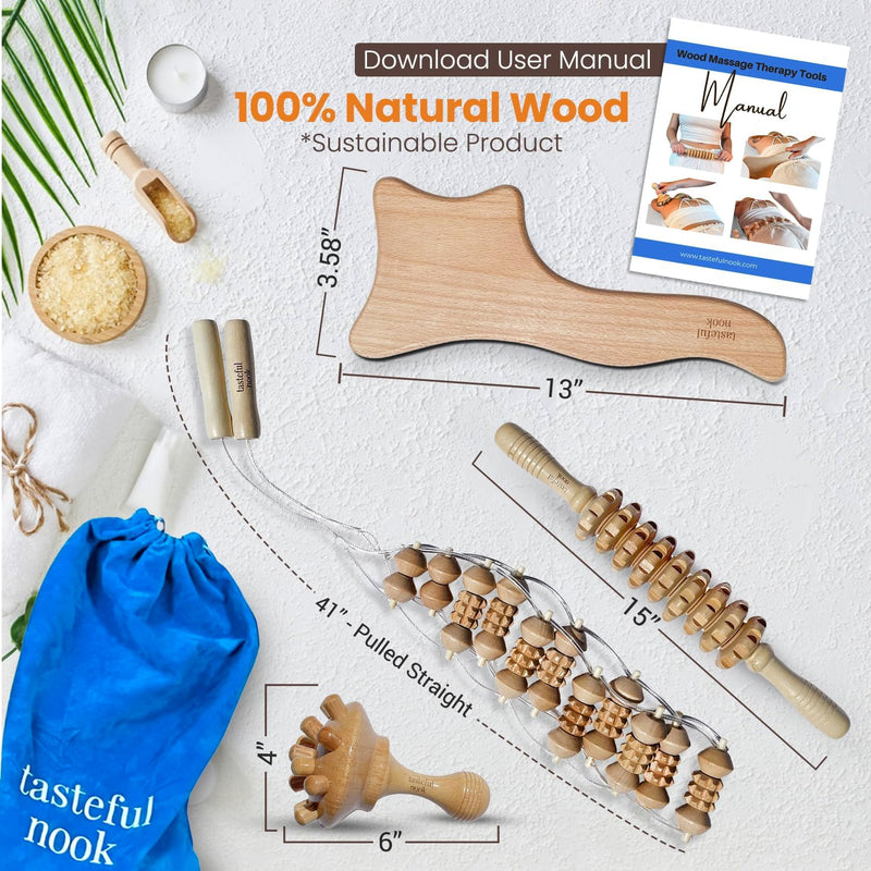 Wood Therapy Massage Tools Kit (Set of 4) - Lymphatic Drainage Massager - Body Roller - Body Sculpting - Wood Massage Tool for Cellulite - Maderoterapia Kit - Massage Tools w/Storage Bag