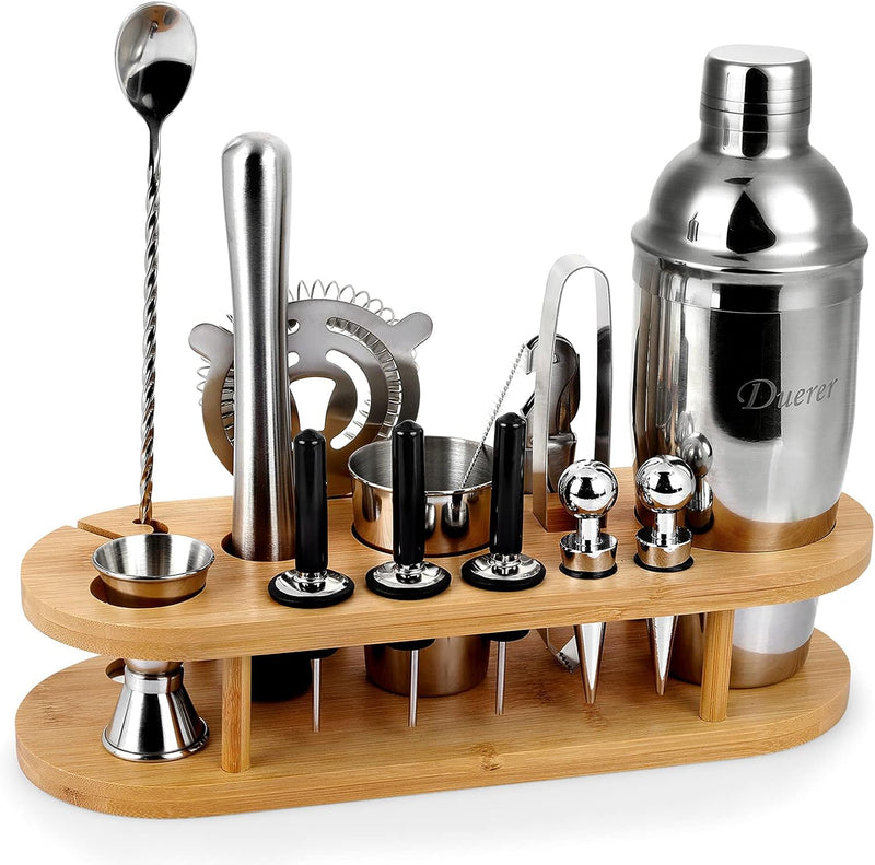 Duerer Bartender Kit with Stand, 11-Piece Cocktail Kit with Stylish Bamboo Stand, Perfect Home Bar Tool Set and Professional Martini Bartender Set, Perfect Drink Mixing Bar Set Tools