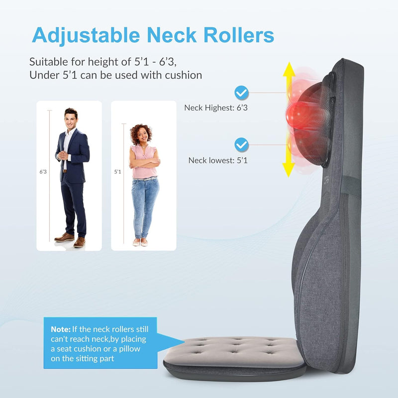 COMFIER Neck&Back Massagers with Heat,Shiatsu Massager Chair with Adjustable Height Pillow,Full Body Massage Cushion for Pain Relief,4 Rolling Nodes&3 Vibration Levels,Gift for Men,Women,Gray