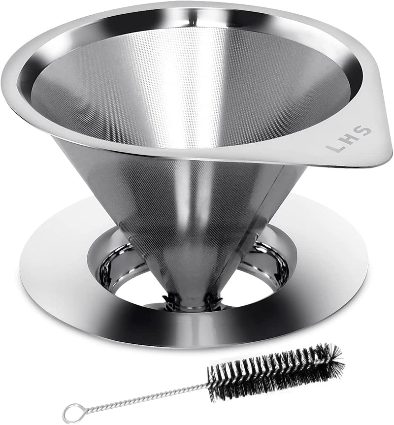 LHS Pour Over Coffee Dripper Stainless Steel Coffee Filter Metal Cone Filter Paperless Reusable Coffee Filter Single Cup Coffee Maker 1-2 Cup With Non-slip Cup Stand and Cleaning Brush
