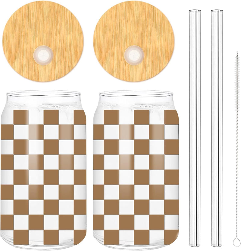 Whaline 2 Pack Checkered Drinking Glasses 16oz Black Checkered Glasses Cup Ice Coffee Cup with Bamboo Lid Glass Straw Cleaning Brush for Race Car Party Drink Decoration Gifts