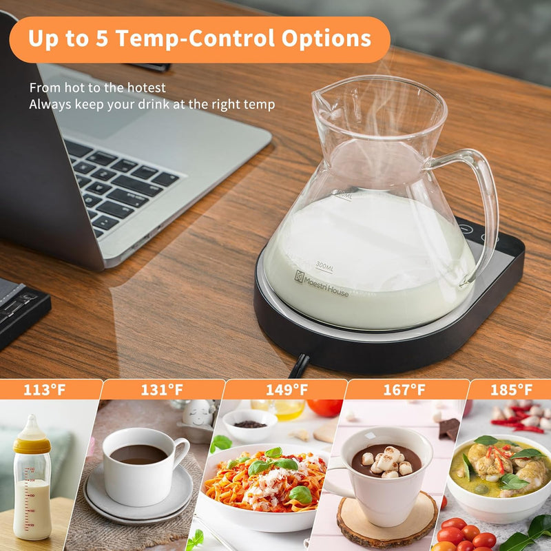 Coffee Mug Warmer for Desk, Maestri House Electric Mug Warmer with 5 Temperature Settings, 6-Level Timer, 4 Modes for Coffee, Candle, Milk and Tea, Portable Beverage Warmer for Home and Office