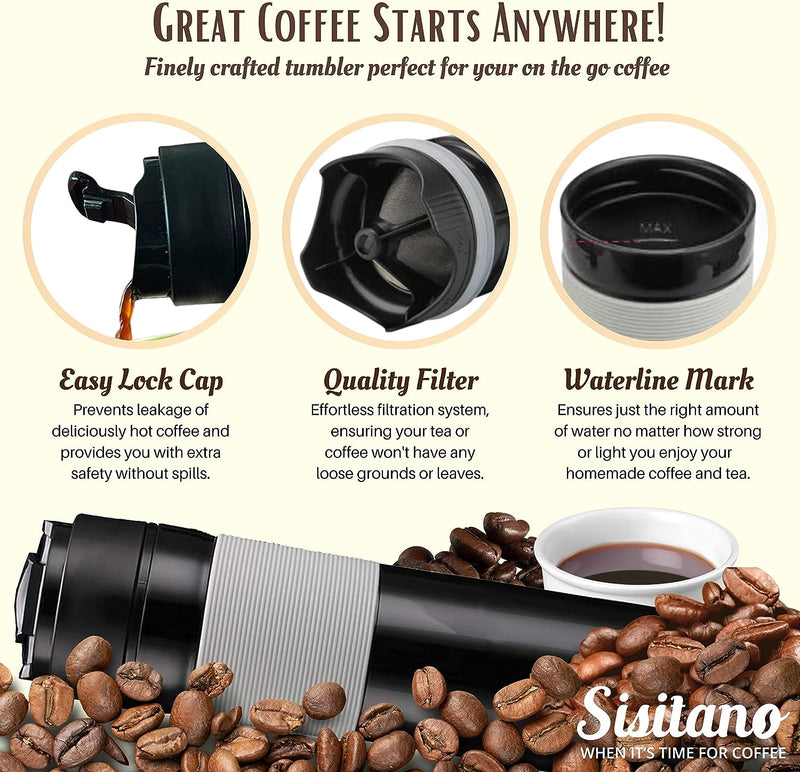 Sisitano 2in1 Travel French Press Coffee Maker, Portable 11.8 oz Tumbler Coffee French Press for Ground Coffee & Tea Leaves; Iced Coffee, Cold Brew Tea, Coffee Mug for Trips, Camping, Work & School