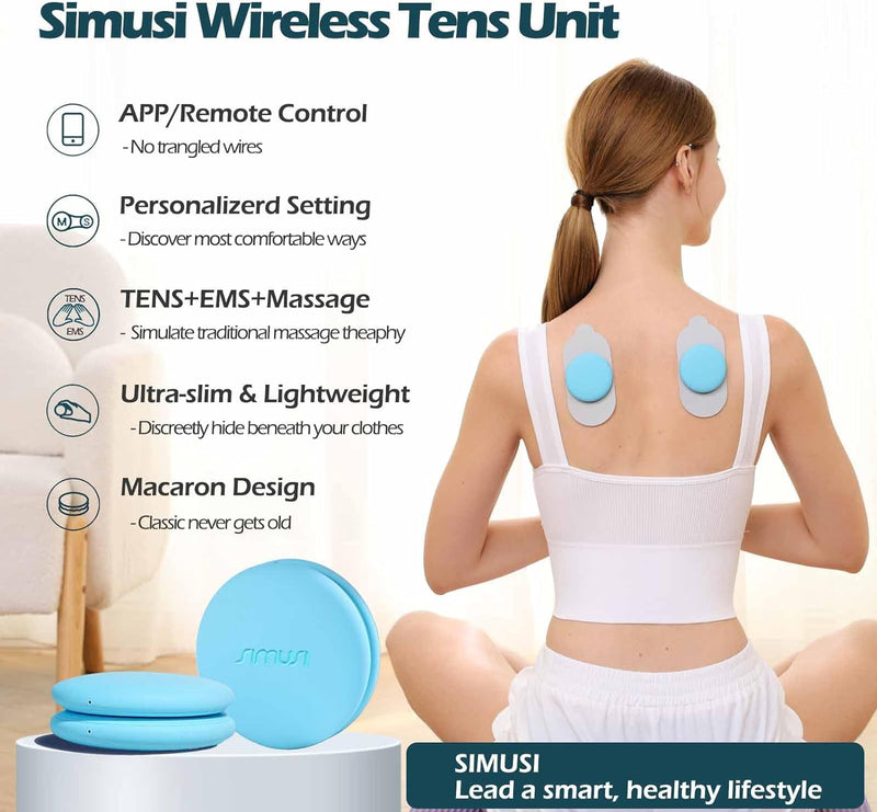 SIMUSI Wireless Tens Unit Muscle Stimulator with APP and Remote Control - 18 Modes Electronic Pulse Stimulator Massager for Neck, Shoulder, Leg, Sciatica and Back Pain Relief