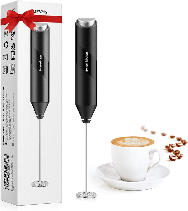 Bonsenkitchen Milk Frother Handheld, Electric Foam Maker with Stainless Steel Whisk, Hand Drink Mixer for Coffee, Lattes, Cappuccino, Matcha, Battery Operated, Stirrer Coffee Wand