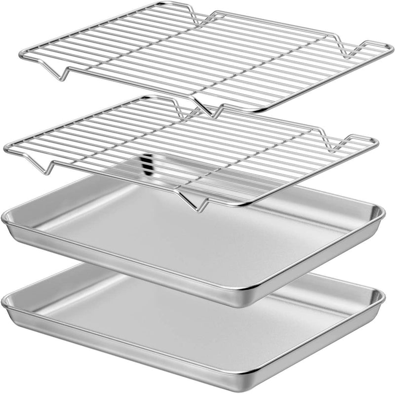 Wildone Baking Sheet & Rack Set [2 Sheets + 2 Racks], Stainless Steel Cookie Pan with Cooling Rack, Size 16 x 12 x 1 Inch, Non Toxic & Heavy Duty & Easy Clean