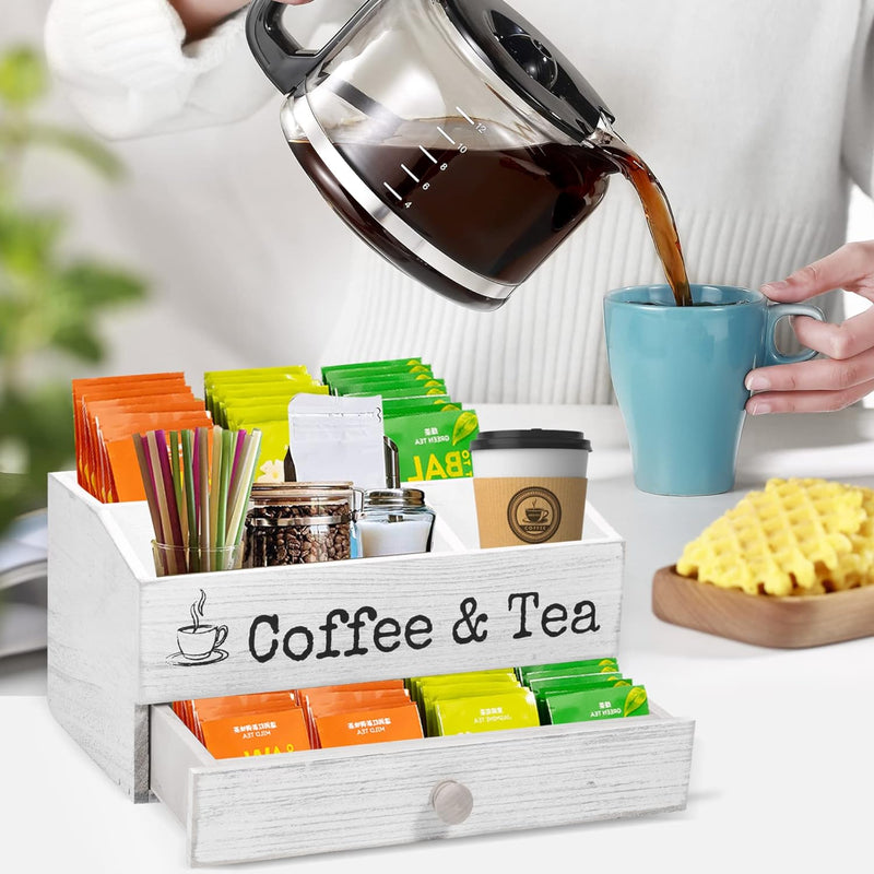 Mandikays | Coffee & Tea Station with 1.8" Drawer | KCup and Tea Bag Storage | Wooden Rustic White Organizer for Countertop