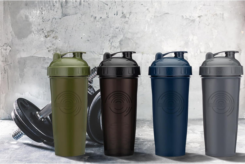 GOMOYO [4-Pack] 28-Ounce Shaker Bottle | Protein Shaker Bottle with Action-Rod Wire Mixer | Shaker Cups are BPA Free and Dishwasher Safe | Moss, Gray, Navy, & Black