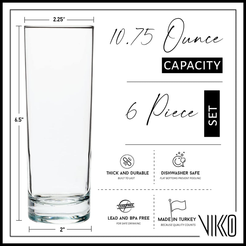 Vikko Highball Glasses with Weighted Base, 10.75 Ounce Drinking Glass, Set of 6 Collins Glasses for Juice, Water, Beverages and Cocktails