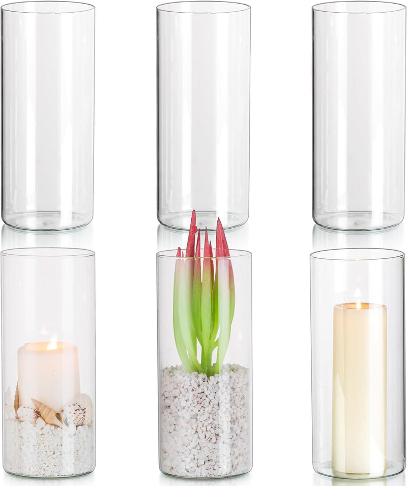 Glasseam Hurricane Glass Candle Holder Set of 6, Cylinder Clear Candle Holders for Pillar Candles, Modern Cylinder Vases for Floating Candles, Vases for Centerpiece Wedding Table Decorations, 6inch