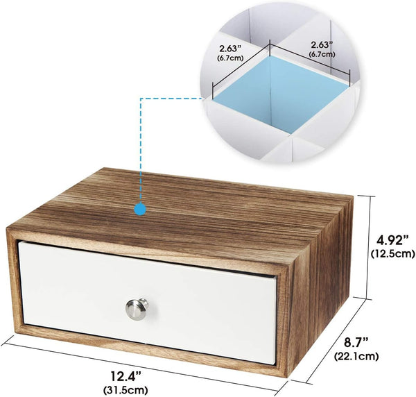JACKCUBE DESIGN Rustic Wood Tea Storage Box Tea Bag Organizer Stand Holder Drawer / 12 Adjustable Compartments and White Faux Leather Drawer/Acrylic Divider - :MK447C