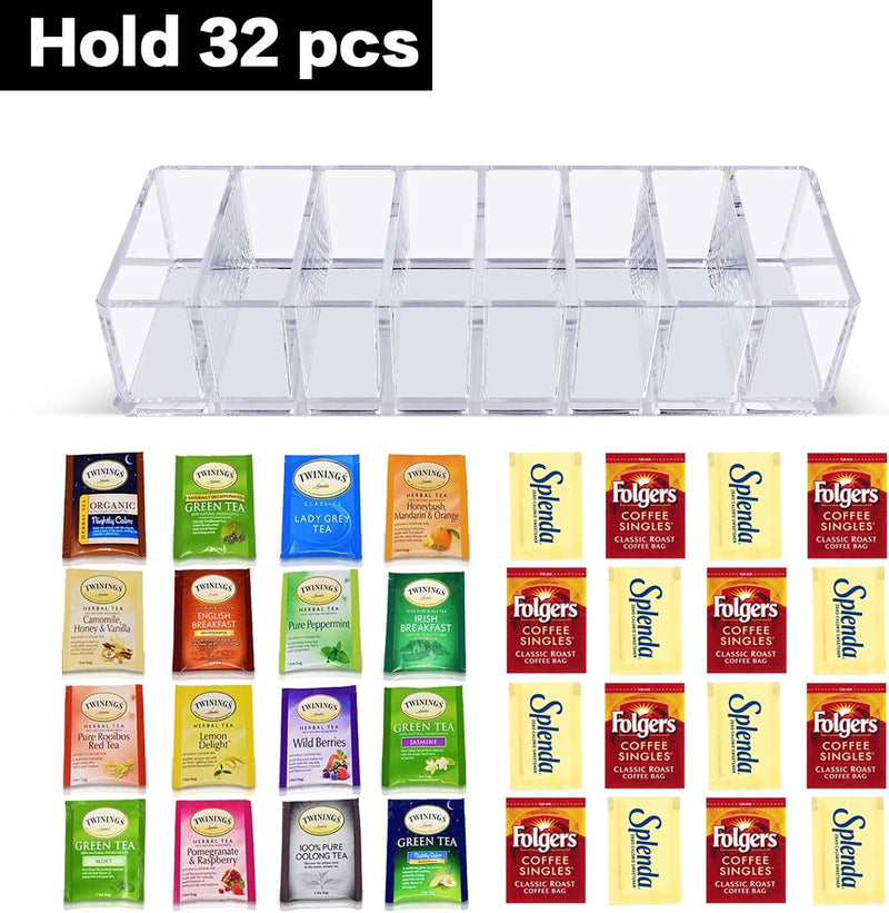ALCYON Tea Bag Organizer Holder for Kitchen Pantry Cabinet, Countertop, Tea Storage Box Station Bin Caddy Holds Beverage Bags| Sweeter| ketchup packets| Spice Pouches| Dressing Mixes - Transparent