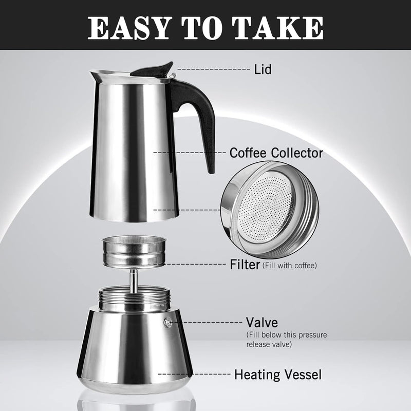 Stainless Steel Stovetop Moka Pot Espresso Maker Percolator 12 Cup 600ml Portable Italian Greca Cuban Coffee Maker for Big Family Home Office Camping, Work with Gas Electric Ceramic Stovetop