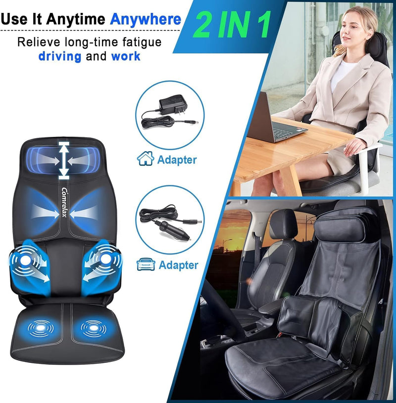 Back-Massager with Compression and Vibration Massage, Massage Chair Pad for Home Office Use, Height-Adjustable Seat Massager Cushion for Neck Back Waist HIPS, 3 Modes & 3 Intensities, Soft Leather