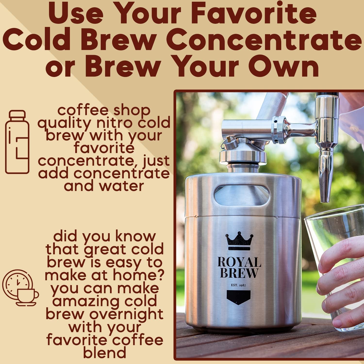  The Original Royal Brew Nitro Cold Brew Coffee Maker - Gift for  Coffee Lovers - 128 oz Extra Large Home Keg, Nitrogen Gas System Coffee  Dispenser Kit : Home & Kitchen