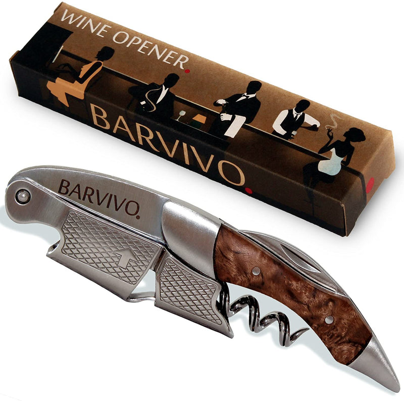 Barvivo Natural Rosewood Wine Opener with Foil Cutter Knife & Cap Remover, Double Hinged Manual Wine Key for Bartenders, Servers, Waiters, Stainless Steel Wine Bottle Opener Corkscrew