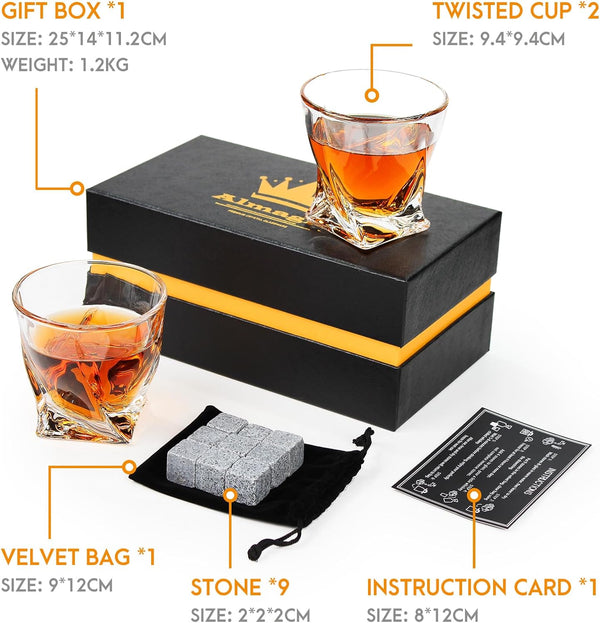 Almagic whiskey glass sets for men gift,two 12-ounce whiskey glasses / 9 whiskey stones & Velvet Bag,for Scotch Cocktail Rum,Unique Gift for Men, Dad, Husband