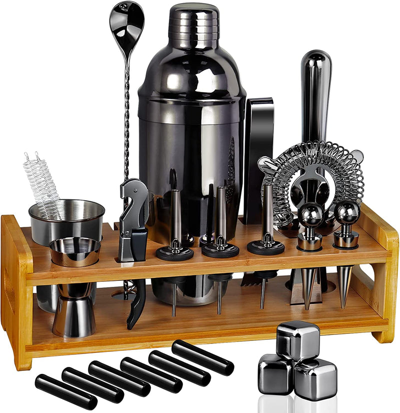 26-Piece Bartender Kit Cocktail Shaker Set | Stainless Steel Bar Set with Bamboo Stand Bar Tools Cocktail Kit for Christmas Drink Mixing,Home,Bar,Party, Gift Bartending Kit(Silver)